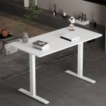 A modern height adjustable standing desk with a sleek design, offering an ergonomic solution for sitting and standing work positions.