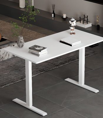 A modern height adjustable standing desk with a sleek design, offering an ergonomic solution for sitting and standing work positions.