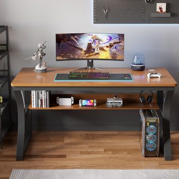 A modern wooden office computer desk with a clean design, spacious workspace, and storage drawers for a home office setup.