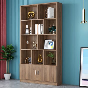An office storage bookcase featuring multiple open shelves and two bottom doors for concealed storage, offering a blend of organization and style.