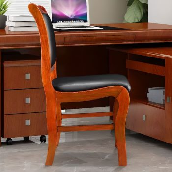 A wooden visitor’s office chair with a comfortable padded seat, sturdy wooden frame, and armrests, offering a stylish seating option for office guests.