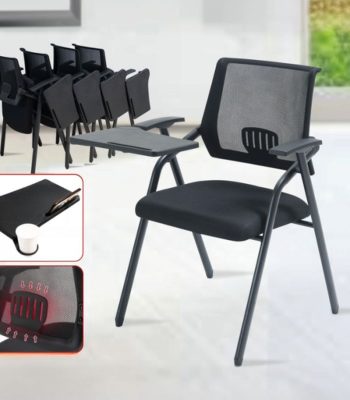 Black foldable office chair with writing pad, perfect for meetings and flexible workspace setups.