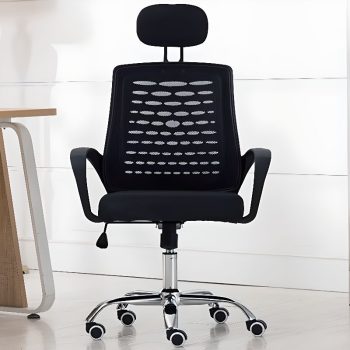 An ergonomic mesh office chair featuring adjustable armrests, lumbar support, and a breathable mesh back for comfort and support during long hours.