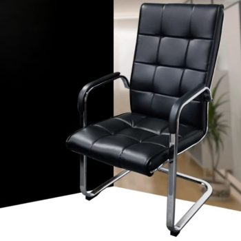 An ergonomic leather office guest chair with a sleek design, providing comfort and support for visitors in a professional office setting.