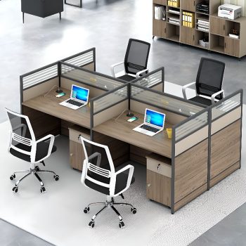 Modern workstation for four users with sleek design, featuring individual workspaces, built-in storage, and a clean, minimalist layout.