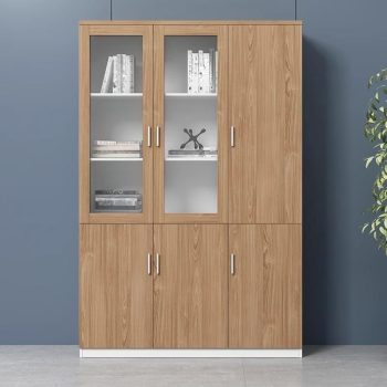 A three-door organizational cabinet with a sleek design, offering ample storage space to keep office essentials neatly organized and easily accessible.