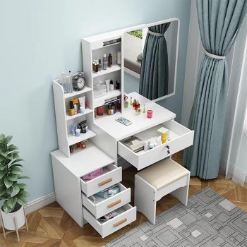 A stylish vanity bedroom dressing table with a mirror, elegant design, and multiple storage drawers, perfect for organizing beauty essentials and accessories.