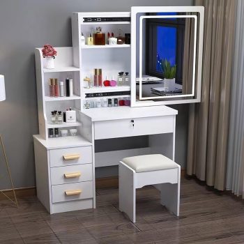 A stylish dressing table with a large mirror, featuring spacious drawers for storage and a sleek design, perfect for modern bedrooms.
