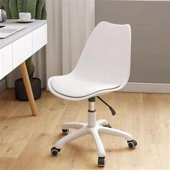 A modern swivel Eames plastic white chair with sleek lines and ergonomic design for comfortable seating.