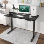 A modern height adjustable standing desk with a sleek design, offering an ergonomic solution for sitting and standing work positions.