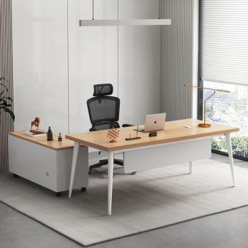 Modern executive desk with storage, featuring sleek design and ample workspace.