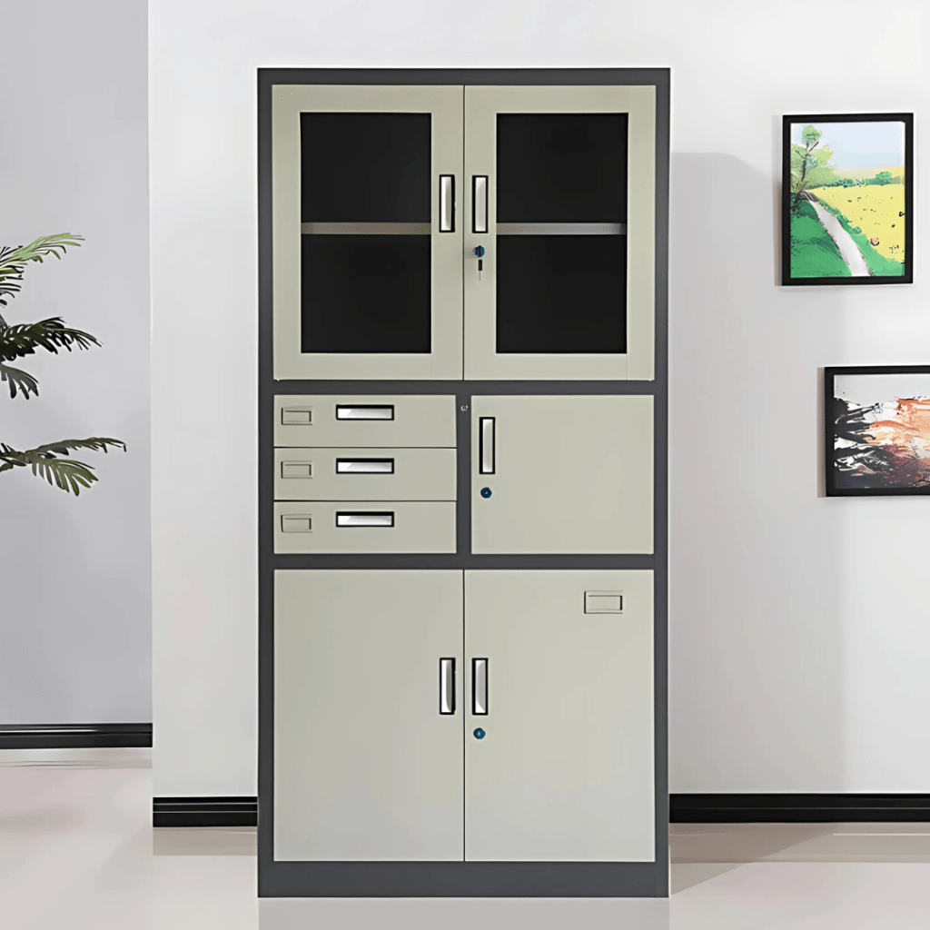Office 2-Door Steel Cabinet with Safe, designed for secure storage with two spacious compartments and a built-in lockable safe.