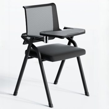 A folding chair with a built-in writing pad attached to the side, offering a convenient seating and writing solution.