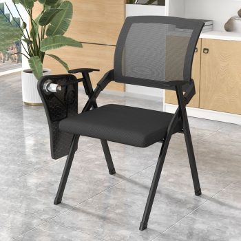 A practical Conference Chair With Writing Pad, designed for comfort and convenience, featuring a sleek chair with an attached writing surface.