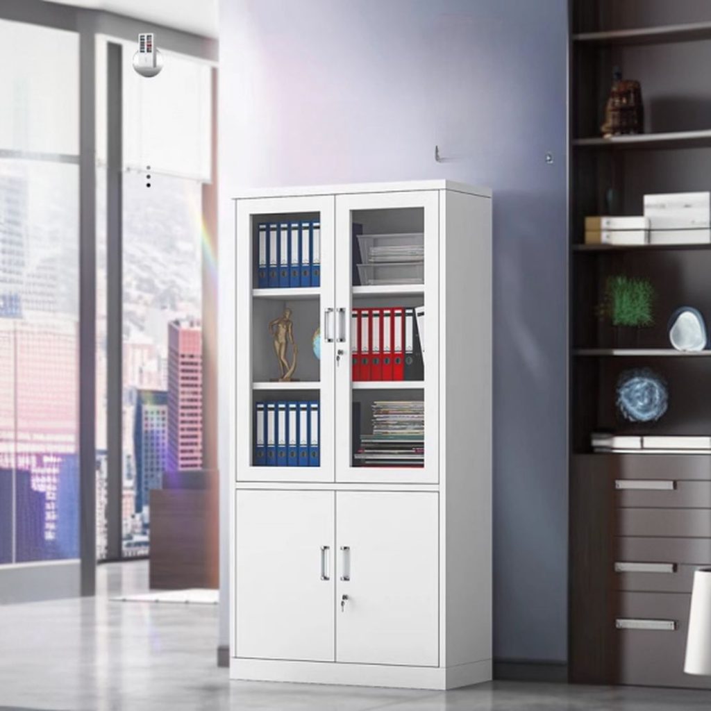 A sleek and modern rust-resistant steel office cabinet with multiple storage compartments, offering durable and stylish organization for any workspace.