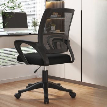 A comfortable and professional black office desk chair with adjustable height and ergonomic design for long hours of work.