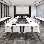 Modern, minimalist rectangular white work desk with a sleek, clean design, perfect for home or office use.