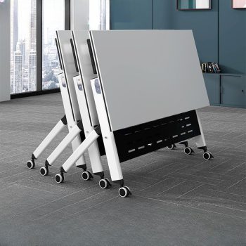 A foldable white rectangular conference desk with a clean, modern design, offering convenience and flexibility for meetings and events.