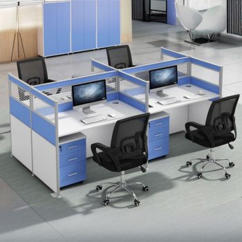 A modern 4-person executive workstation cluster with ergonomic desks, spacious work surfaces, and stylish, collaborative design.