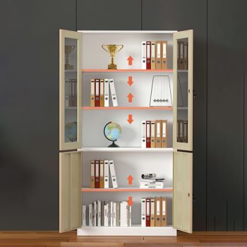 A functional wooden 2-door storage cabinet designed to organize office supplies and files, with a sleek and modern finish.