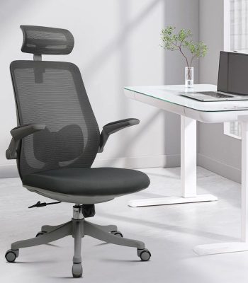 A comfortable mesh upholstered office desk chair with ergonomic support, designed for long hours of work in any office space.