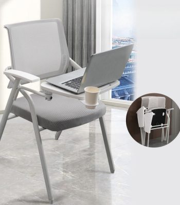A foldable ergonomic conference chair with cushioned seat and backrest, designed for comfort and convenience during long meetings.