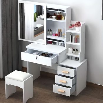 Modern White Vanity Table with sleek design, spacious drawers, and a mirror, offering a stylish and organized space for personal grooming.