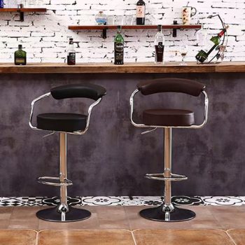 A sleek black round barstool with a ventilated backrest, designed for comfort and style in any bar or kitchen setting.