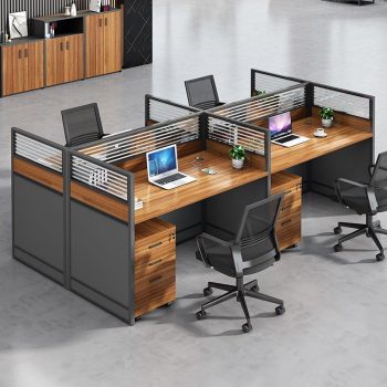4-person office work area with four ergonomic desks, comfortable chairs, and ample workspace for collaboration and productivity.