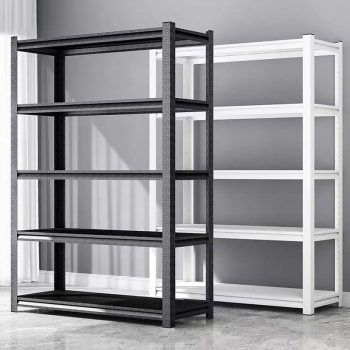 A modern steel rack shelf with multiple levels, designed for efficient storage and stylish organization in any room.