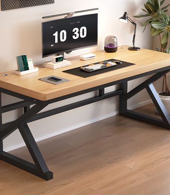 A modern writing desk for home offices, featuring a sleek design with spacious surface area and stylish storage options.