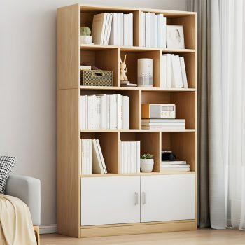 A stylish modern wood bookcase with clean lines and multiple shelves, perfect for organizing books, decor, and other items in a home or office.