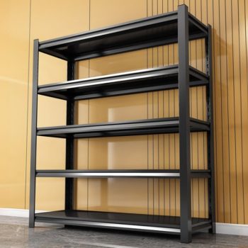 A sturdy steel heavy-duty shelving unit with multiple shelves, designed for industrial and commercial storage needs.