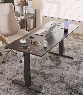 A modern motorized adjustable work desk with a sleek design, allowing easy height adjustments for sitting or standing work positions.