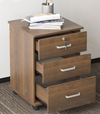 Wood filing cabinet with three drawers, designed for office or home use, featuring a sleek, natural wood finish.