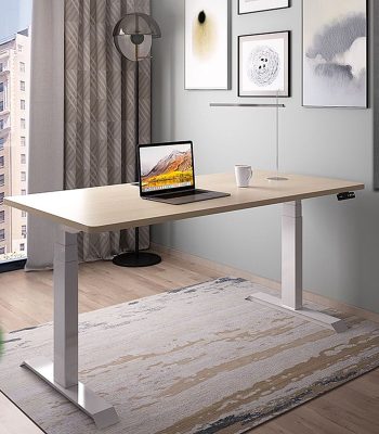 A contemporary electric sit-stand desk with a sleek design, featuring an adjustable height mechanism for easy transition between sitting and standing.