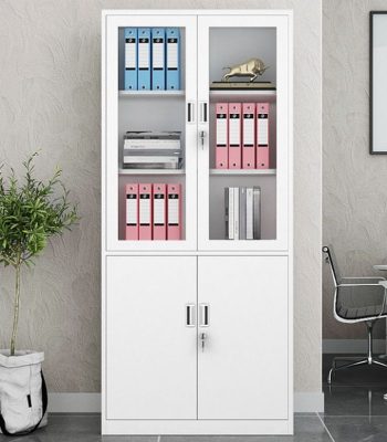A rust-resistant steel office cabinet featuring a sleek design, with secure storage and multiple shelves for organizing office supplies and documents.
