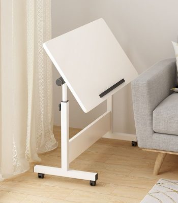 A sleek white rectangular writing desk with a minimalist design, featuring spacious surface area for writing, working, and organizing office supplies.