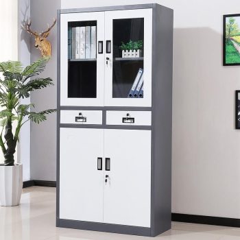 A sleek gray office storage cabinet with multiple shelves, providing a clean and modern storage solution for office essentials.