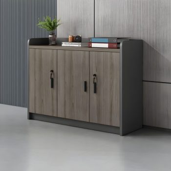 Elegant wooden credenza cabinet with three doors, soft-close hinges, and adjustable shelves.