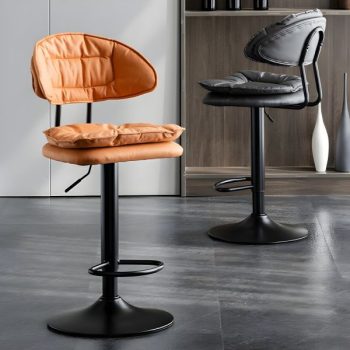 Stylish height adjustable swivel bar stools with a chrome base and cushioned seat.