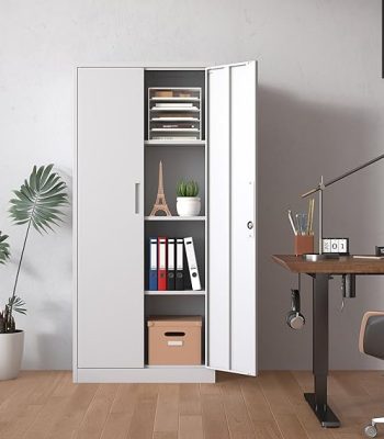 Sturdy 2-door steel storage cabinet with lock and adjustable shelves.