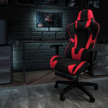 Ergonomic gaming chair with adjustable lumbar support and reclining backrest.